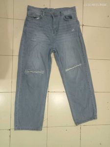 Blue Denim Straight Fit Knee Slit Jeans For Girls