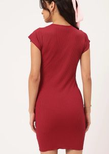 Burgundy Lace-Up Ribbed Bodycon Dress