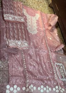 Pure SILk Peach Color Embroidery Suit With Heavy D