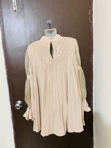 Beige Pleated Cutout Blouse