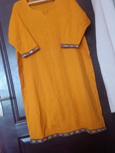 Yellow Kurti with Colorful Trim