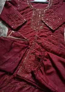 Maroon Embroidery Work Dress 👗