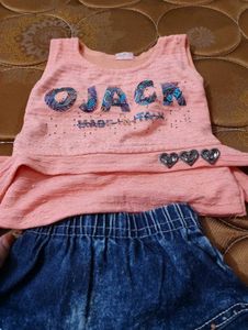Girls Pink Top &amp; Denim Skirt Set