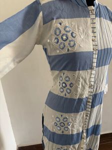 Blue &amp; White Striped Embroidered Kurti