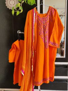 Orange Embroidered Suit With Dupatta