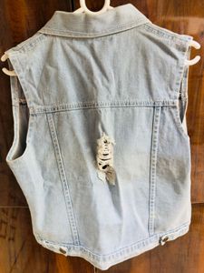 Distressed Denim Vest with Embroidery