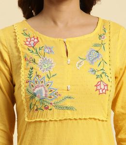 Yellow Embroidered Kurta &amp; White Embroidery Pants