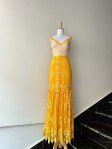 FOXIEDOXTwo-tone Crochet Maxi Gown In Yellow/ivory