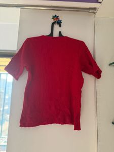 Red Ribbed Knit Short Sleeve Top