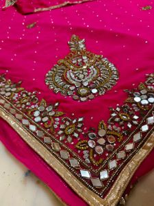 Pink  Mirror Work Saree With Blouse