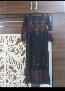 Navy Blue Block Print Straight Kurta Set