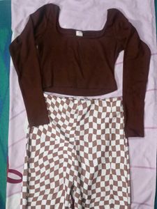 Brown Top &amp; Checkered trouserSet