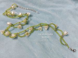 Handmade Lily Flower Green Beaded Lace Necklace