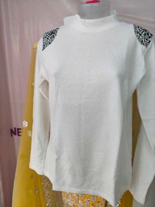 White Mock Neck Top with Shoulder Detail