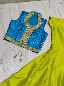 Parrot Green Fancy 3 Pieces Gown Attached Kenken