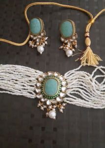 Kundan And Pearl Choker Set In Pista Green Colour