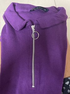 Mast &amp; Harbour Women Purple SolidHigh Neck T-shirt