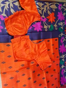 Bright Orange And Navy Blue Combination Almost NEW Art Silk Saree.