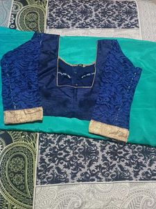 Elegant Teal Saree  Floral Details with stic