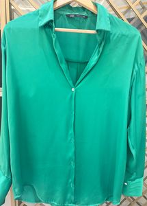 Zara  Satin Shirt In Green