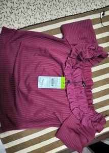 Burgundy Ribbed Off-Shoulder Top