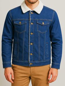 Denim Jacket with Sherpa Fur Collar Navy Blue
