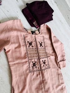 Peach Embroidered Kurti Set