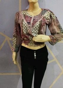 Beautiful Printed Pink Crop Top With Elastic Waist