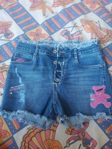 Denim Shorts with Teddy Bear Patch