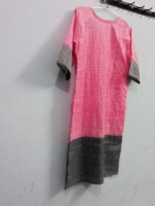 Pink Black Synthetic Cotton Girls Kurta
