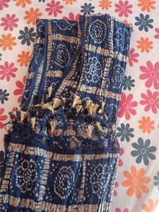 Blue Bandhani Scarf with Tassels