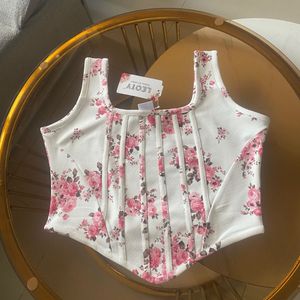 Corset Illusion Fitted Bustier Pink White Rose Top
