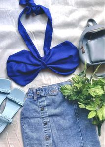 Blue Halter Top & Denim Skirt
