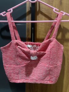 Red Gingham Knot-Front Crop Top
