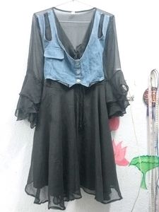 Black Dress with Denim Vest