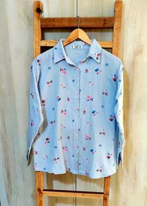 Floral Print Sky Blue Cotton Shirt Size-42