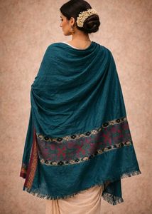 Teal Green Embroidered Shawl with Floral Border