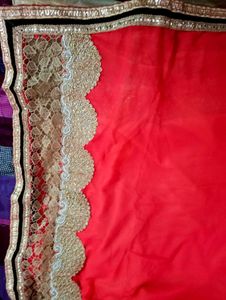 Tomato red and Golden lehenga Saree