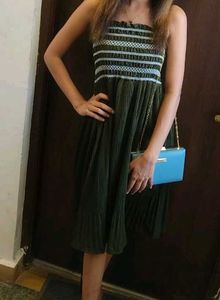 Green Pleated Strapless Midi Dress