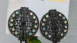 Black Jhumka Earrings with Rhinestones