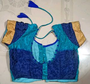 Blue &amp; Gold Embellished Saree With Blouse