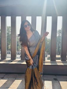 Elegant Grey &amp; Gold Saree With Blouse