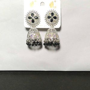 Silver Jhumka Earrings with Black Accents