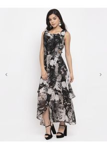 Waist Cut-Out Floral Print A-line Dress