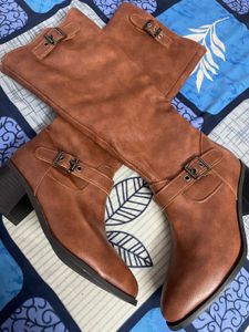 Brown Buckle Accent Knee High Boots