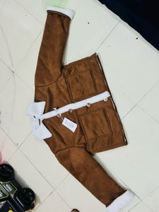 Brown Faux Suede Sherpa Jacket