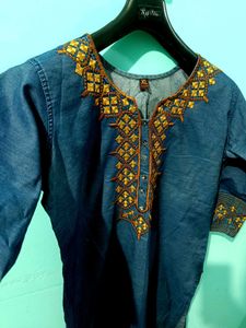 Embroidered Denim Kurta