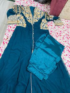 peacock green color gown dress with pants … front