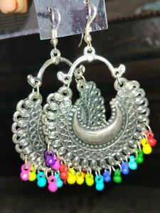 Colorful Beaded Silver Hoop Earrings