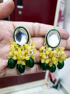 Yellow N Green Kundan Earrings